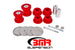 Red polyurethane rear cradle bushing kit for 6th Gen Camaro from BMR Suspension, designed for differential bushings replacement.