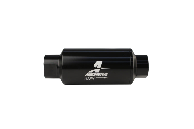 Aeromotive AN-10 black inline fuel filter with 10-micron filtration for automotive fuel systems.