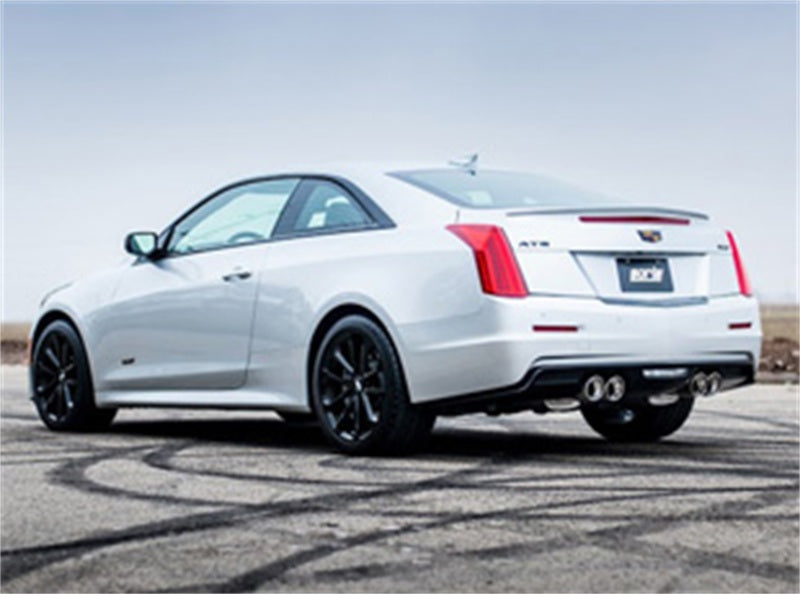 Borla catback exhaust system for 2016 Cadillac ATS-V with 3.6L twin turbo, dual 4-inch tips, split rear exit visible.