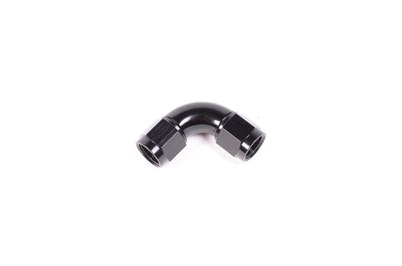 Radium Engineering 6AN female to female 90-degree fittings, showing the durable metal construction and precise 90-degree angle design.
