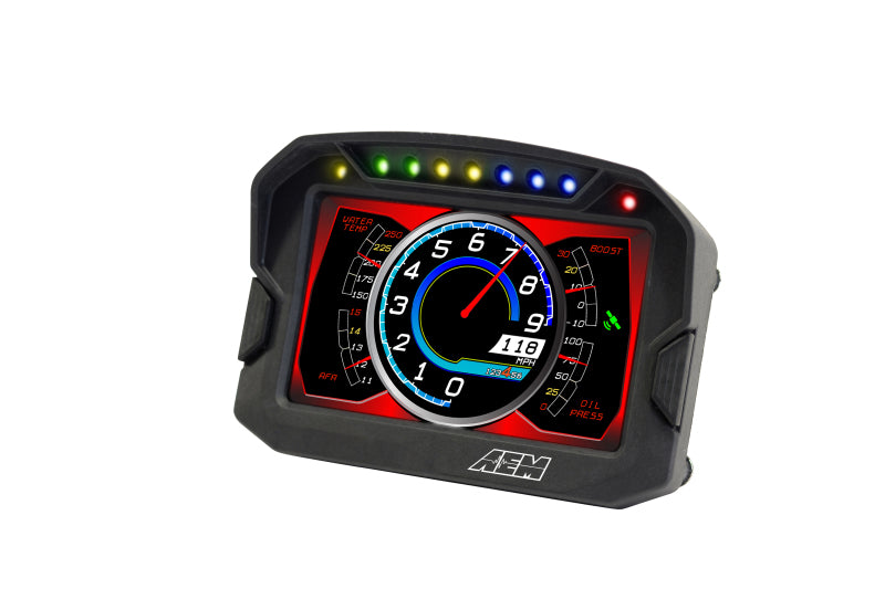 AEM CD-5LG Carbon Logging Digital Dash Display gauge with internal 10Hz GPS and antenna, showing digital readouts on a sleek black panel.
