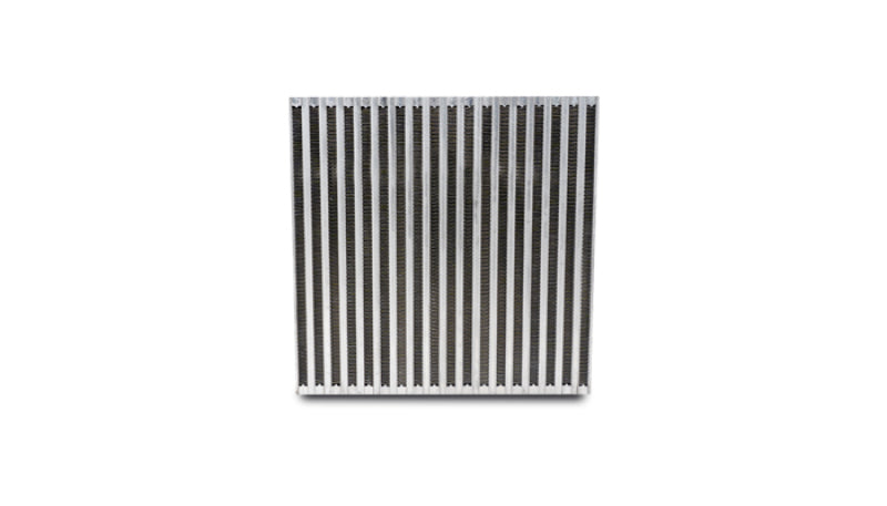 Vibrant vertical flow intercooler core with 12-inch width, 12-inch height, and 3.5-inch thickness, showcasing its cooling fins and construction.