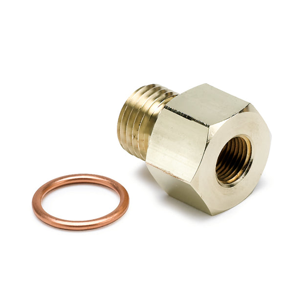 AutoMeter oil pressure fitting with 1/8 NPT to M14x1.5 connector, designed for gauge installation and engine oil systems.
