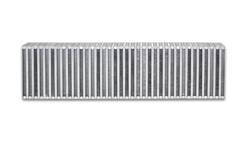 Vibrant vertical flow intercooler core with 24-inch width, 6-inch height, and 3.5-inch thickness showing detailed cooling fins.
