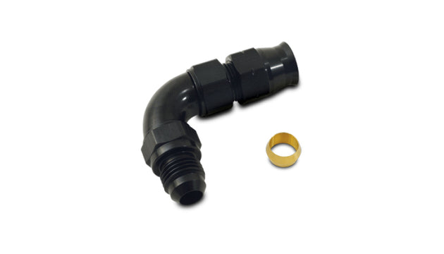 Vibrant 90-degree 3/8 inch tube to male -6AN flare adapter with olive inserts for automotive and hydraulic fittings.