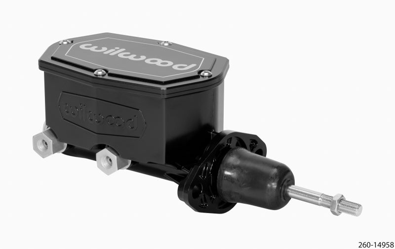 Wilwood compact tandem brake master cylinder with 15/16 inch bore and pushrod, black finish, used in automotive brake systems.