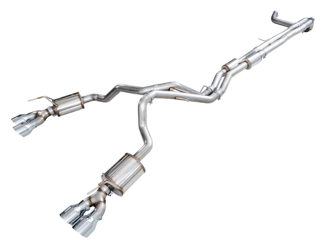 AWE Tuning dual exit catback exhaust system with 5-inch chrome silver tips installed on a 2021+ Cadillac Escalade 6.2L ESV.