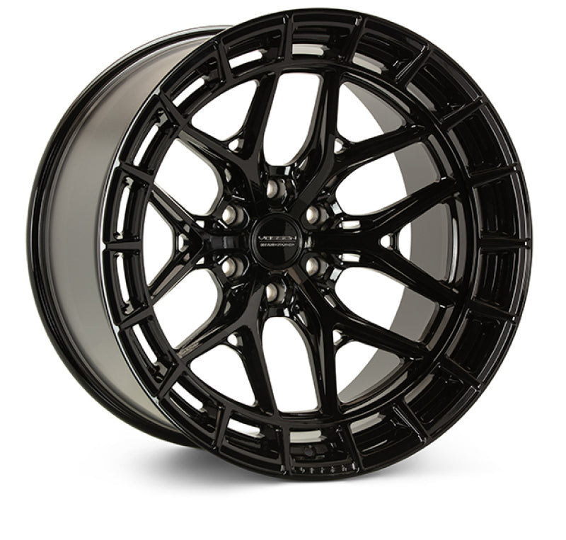Vossen HFX-1 forged wheel in gloss black, 20x9.5 inches, 6x139.7 bolt pattern, ET30 offset, deep concave design.