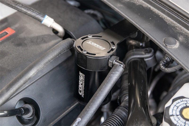 CORSA Performance aluminum oil catch can with mounting bracket for Chevrolet Camaro SS 6.2L V8 (2016-2023) coupe, RWD.