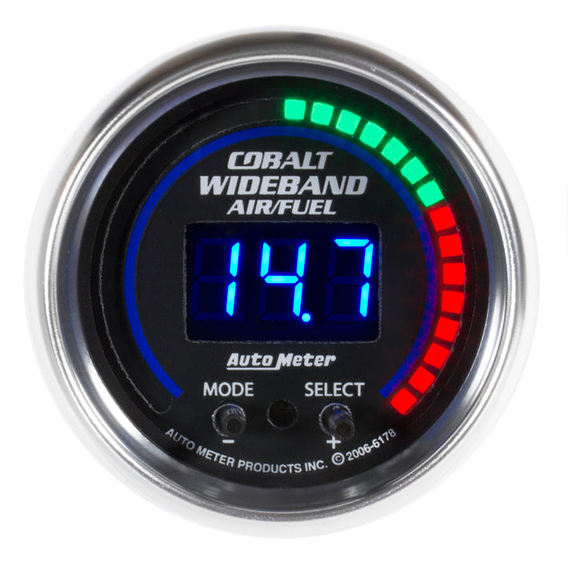 AutoMeter Cobalt 52mm Air/Fuel Ratio Pro Plus digital gauge with peak and warning features, showing a detailed display and colorful dial.