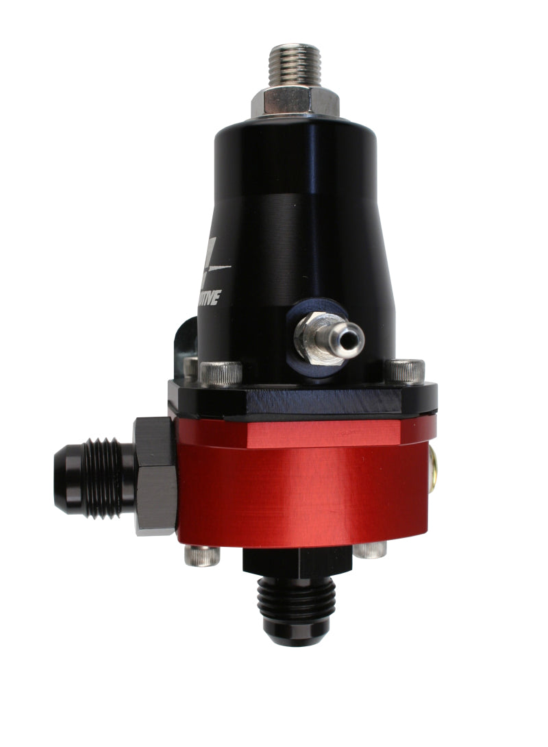 Aeromotive compact billet adjustable EFI fuel pressure regulator with AN-6 male inlet and return fittings, mounted on a metal surface.