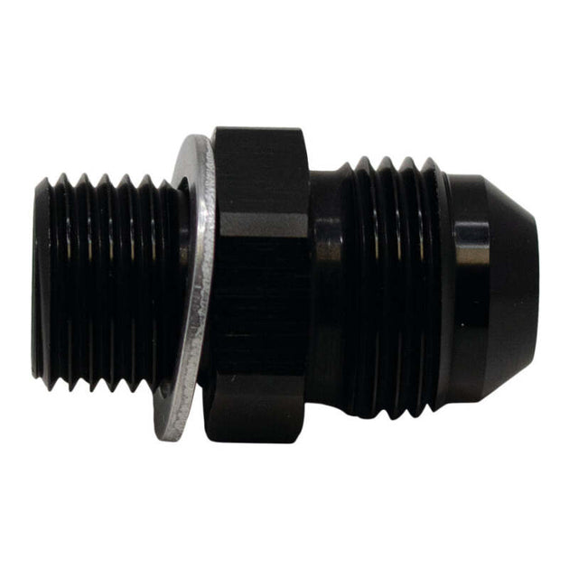 DeatschWerks 8AN male flare to M16 x 1.5 male metric fitting with washer, anodized matte black, for automotive fluid connections.