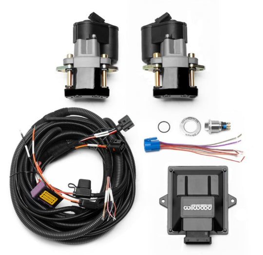 Wilwood rear electronic parking brake retrofit kit with black powder coat performance brake calipers for enhanced vehicle stopping power.