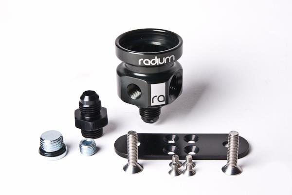 Radium Engineering fuel pressure regulator body only, black metal construction with adjustment knob and inlet/outlet fittings.