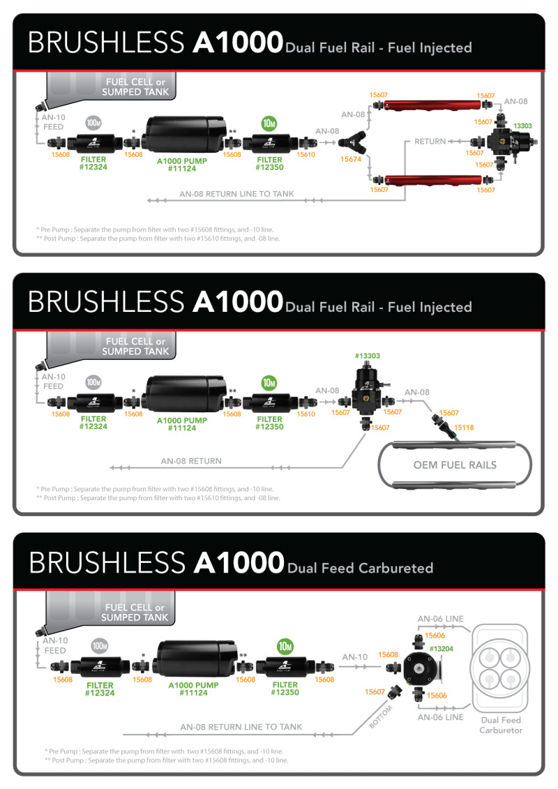 Aeromotive A1000 brushless external fuel pump with metal body and inlet/outlet fittings, designed for high-performance fuel delivery.