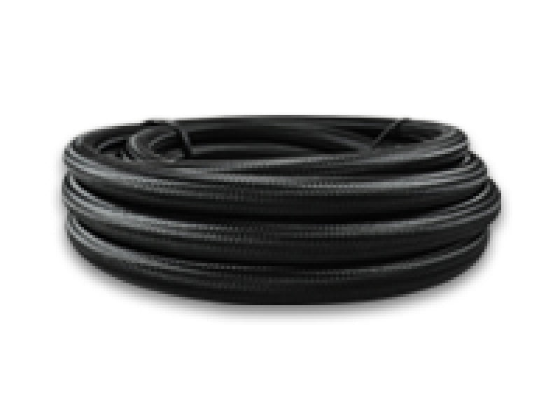 Vibrant -6 AN black nylon braided flex hose with PTFE liner, 150ft roll, showing the textured braided exterior and flexible hose structure.