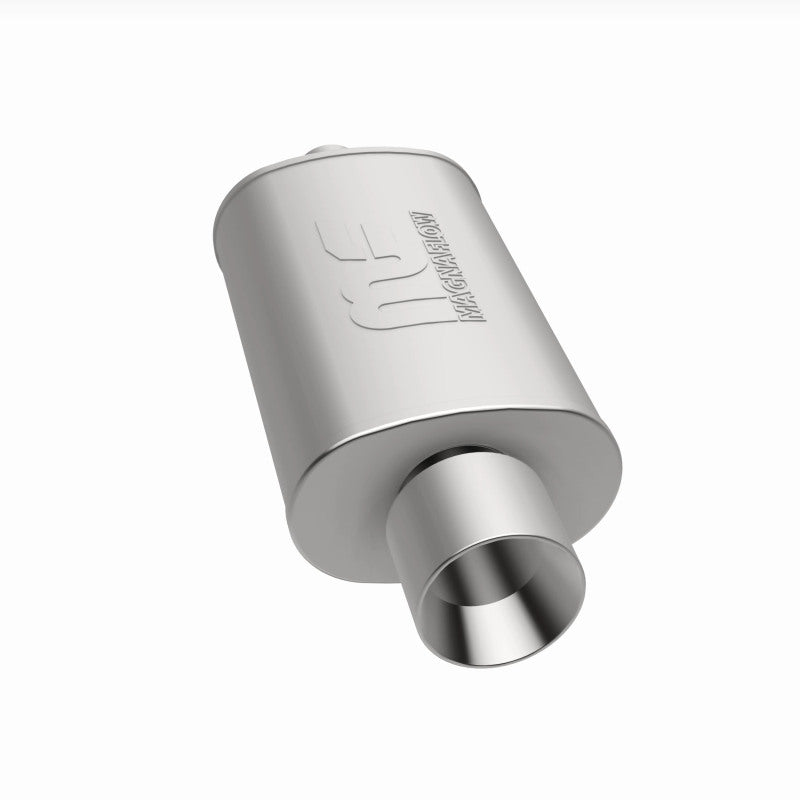 MagnaFlow stainless steel muffler with tip, 14x5x8 inches, featuring 2.25/4 inch inlet and outlet, automotive exhaust part