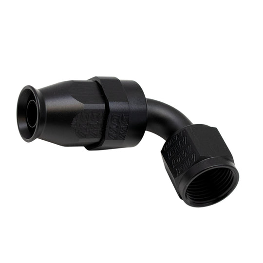 DeatschWerks 8AN female swivel 90-degree hose end fitting with PTFE liner and olive insert in anodized matte black.