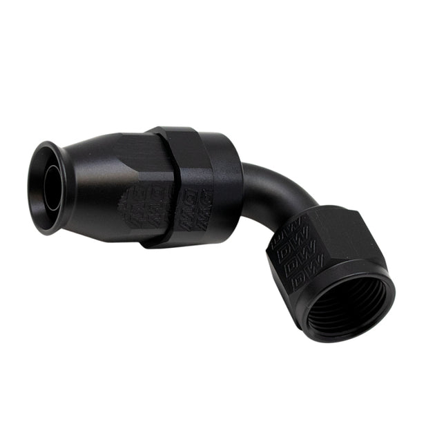 DeatschWerks 8AN female swivel 90-degree hose end fitting with PTFE liner and olive insert in anodized matte black.