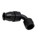 DeatschWerks 8AN female swivel 90-degree hose end fitting with PTFE liner and olive insert in anodized matte black.
