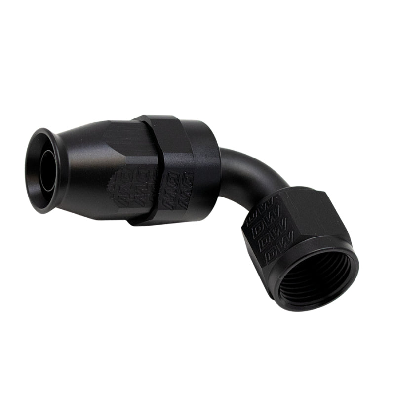 DeatschWerks 8AN female swivel 90-degree hose end fitting with PTFE liner and olive insert in anodized matte black.