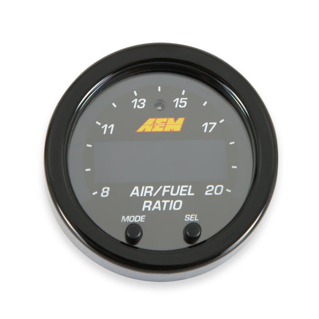AEM X-Series Wideband UEGO AFR gauge displaying digital readout with black dial and silver bezel, designed for vehicle performance monitoring.