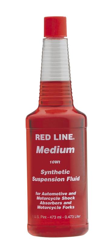 Red Line Red Line Medium 10WT Suspension Fluid in 16oz bottle, hydraulic oil for vehicle suspension systems.