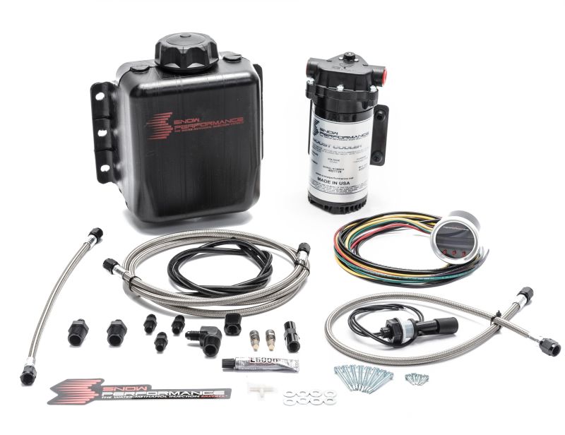 Snow Performance Stage 2 Boost Cooler water methanol injection kit with SS braided line and 4AN fittings for enhanced engine cooling.