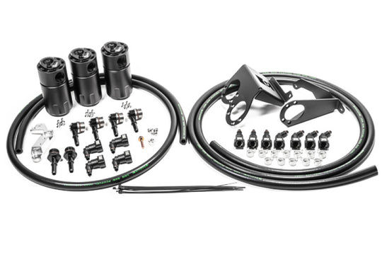Radium Engineering Chevrolet Corvette LT1 CCV oil catch cans kit with triple catch can setup, mounted on engine bay.