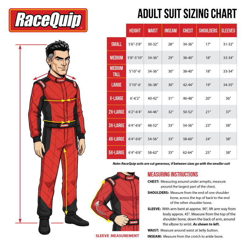RaceQuip Black SFI-1 1-L racing suit in medium size, made for motorsport safety, shown in the image with a sleek black design.