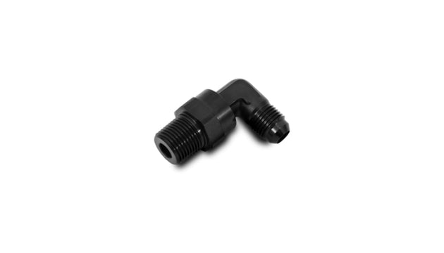 Vibrant male AN to male NPT 90-degree swivel fitting adapter, 6 AN to 1/2 inch NPT, metal fitting for automotive or hydraulic use.