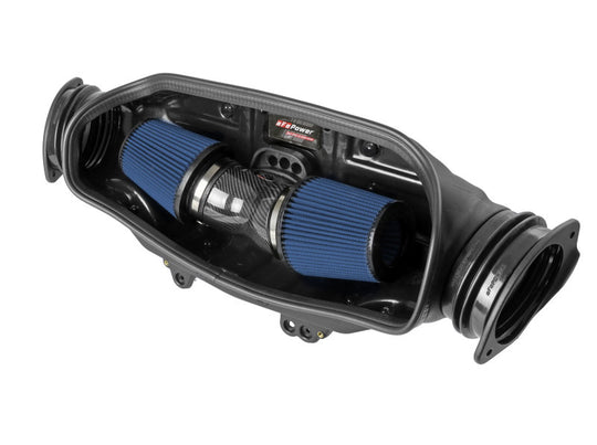 aFe 2020 Chevrolet Corvette C8 Track Series carbon fiber cold air intake system with Pro 5R filters installed in engine bay