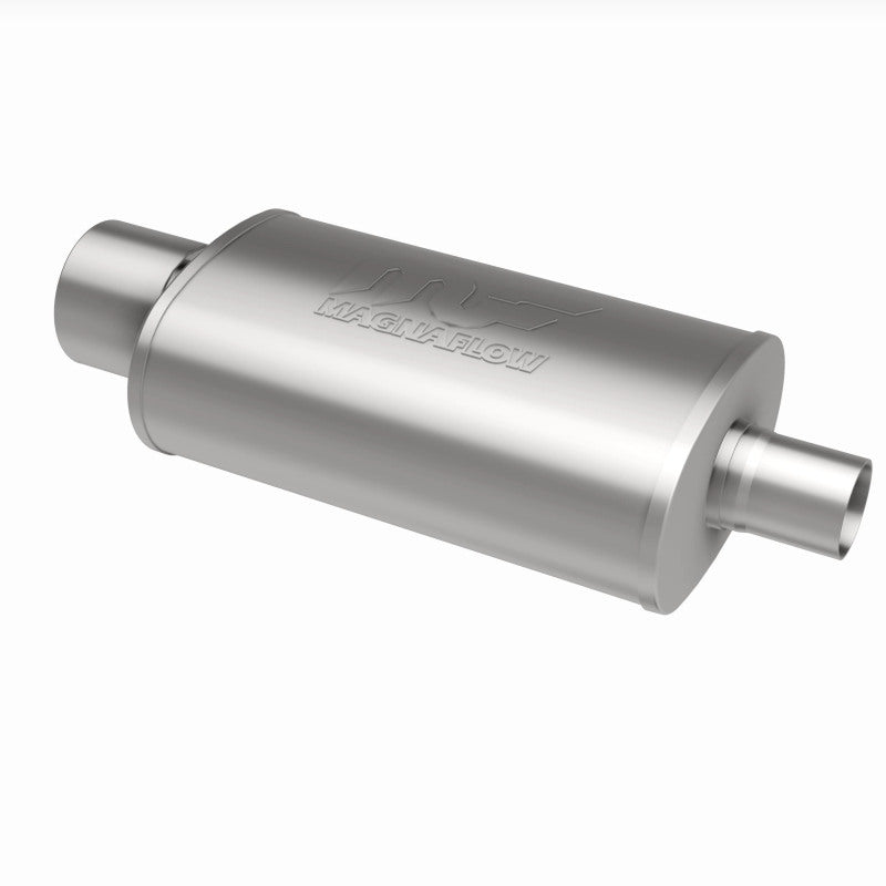 MagnaFlow stainless steel muffler with tip, 14x5x8 inches, featuring dual inlet and outlet pipes for automotive exhaust system.