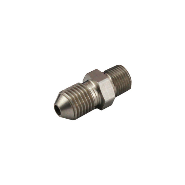 Turbosmart 1/8in NPT to -4AN stainless steel male fitting for automotive fluid connections, shown in close-up.