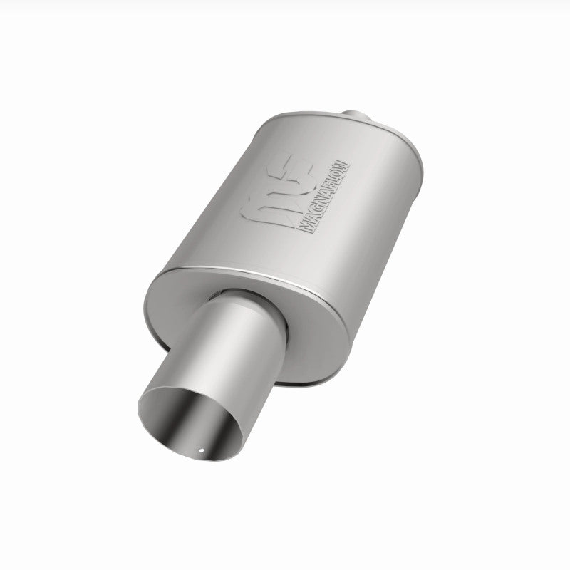 MagnaFlow stainless steel muffler with tip, 14x5x8 inches, featuring dual inlet/outlet pipes and polished finish.