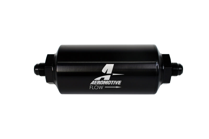 Aeromotive In-Line Fuel Filter with AN-6 male fittings and 40-micron stainless steel mesh element in bright dip black finish.