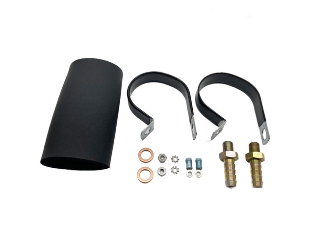 Walbro universal in-line fuel pump kit with hoses and fittings, designed for automotive fuel system upgrades.