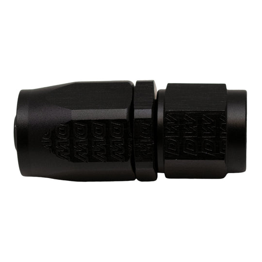 DeatschWerks 6AN female swivel straight hose end fitting in anodized matte black for high-performance fuel systems