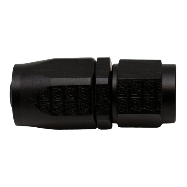 DeatschWerks 6AN female swivel straight hose end fitting in anodized matte black for high-performance fuel systems