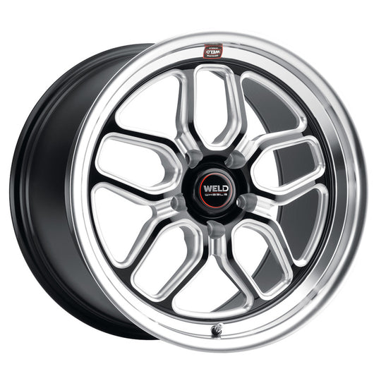 Weld S107 Laguna 19x9.5 cast wheels in gloss black with 5x120.65 bolt pattern, ET50 offset, and 70.3mm bolt diameter.