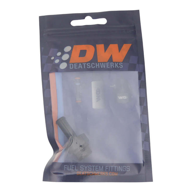 DeatschWerks matte black 6AN ORB male to 5/16 inch barb fitting with O-ring, suitable for fuel or fluid connections.