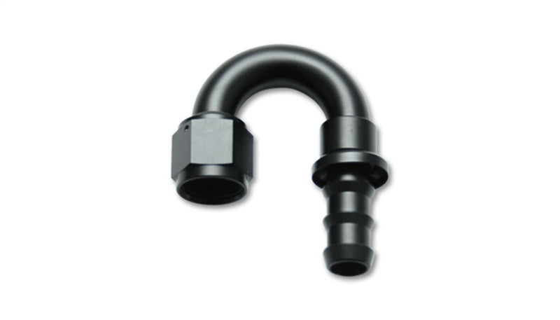 Vibrant aluminum -8AN push-on 180-degree hose end fitting showing metallic finish and angled design for automotive or racing hoses.