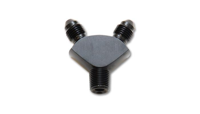 Vibrant aluminum -3AN to -3AN to 1/8 inch NPT Y-adapter fitting with a vibrant red finish, showing the Y-shaped design and ports.