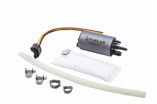 Fuelab 496 in-tank brushless fuel pump with 9mm and 6mm barb fittings, 500 LPH capacity, designed for efficient fuel transfer.