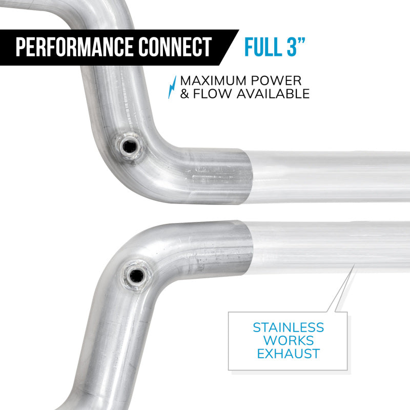 Stainless Works 15-25 Mustang GT lead pipe kit with connecting pipes, designed for performance exhaust systems.