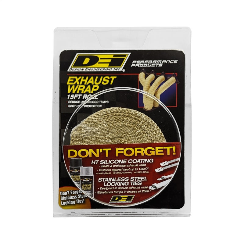 DEI Tan Exhaust Wrap 2in x 15ft, heat-resistant wrap for exhaust systems, shown in a coiled, tan-colored material.