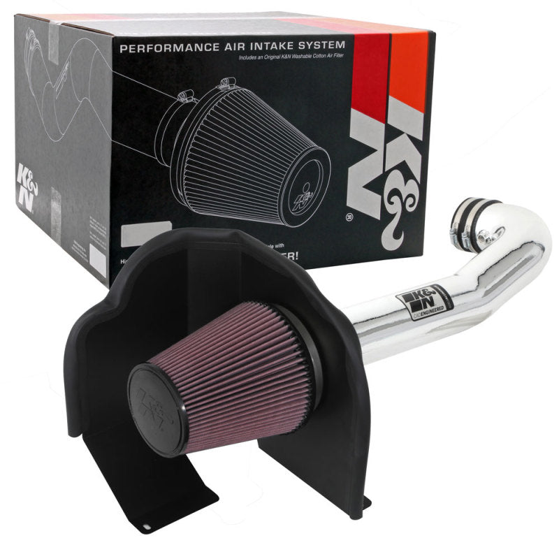 K&N 77 Series Cold Air Intake Kit installed in a Chevy Silverado, showcasing the high-flow air filter and intake tube for improved performance.