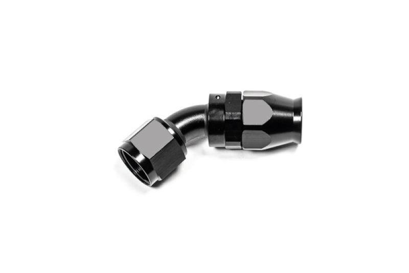 Radium Engineering 10AN black PTFE hose end fitting with 45-degree angle for high-performance automotive fluid transfer.