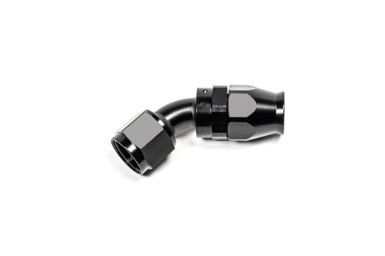 Radium Engineering 10AN black PTFE hose end fitting with 45-degree angle for high-performance automotive fluid transfer.