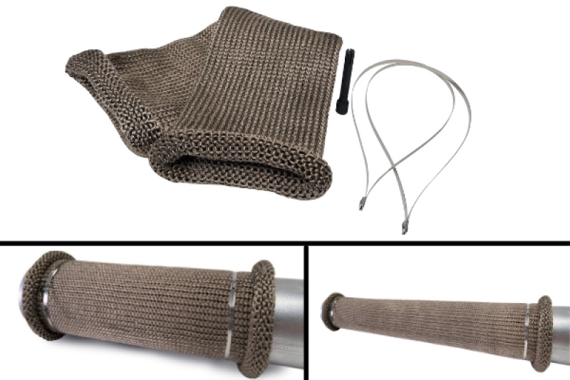 DEI Titanium 4-inch Knit Exhaust Sleeve wrapped around a car exhaust pipe, 24 inches long for high-temperature protection and insulation.
